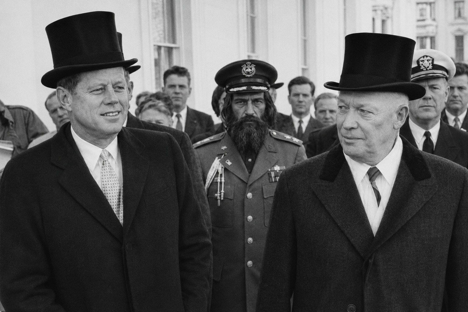 Grigori Rasputin standing in uniform behind John F. Kennedy and Dwight D. Eisenhower